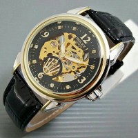 Jual Jam Tangan Rolex Automatic / Otomatis Combi Gold-Black Kulit Hitam Murah