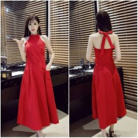 Jual b30950 long maxi dress halter neck sexy low back merah hitam Murah