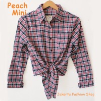 Jual kemeja flanel tali crop top kotak peach pink mini simple jangkis Murah