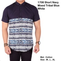 Jual kemeja pria lengan pendek polos navy mix tribal batik Murah