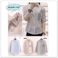 Baju Atasan Kerja Kemeja Pink Garis Blouse Wanita Korea Import Tunik