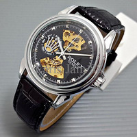 Jual Jam Tangan Pria / Cowo Rolex Skeleton Geneve Leather Black Silver Prom Murah