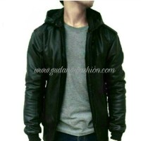 Jual jaket kulit sintetis korea hoodie sintetis full black Murah