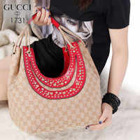 Jual 02-8 New Collection Gucci Studded Fringe Hobo Bag Canvas vs Smooth lea Murah