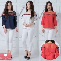 Jual Blous Sabrina Jaring Bahan Katun Lengan Panjang 3 Warna Navy White Red Murah