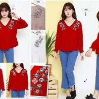 Jual S19 BLOUSE BORDIR VINTAGE BUNGA LENGAN TEROMPET KOREA VNECK MUSLIM CEW Murah