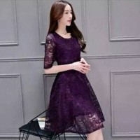 Jual Lace dress wanita import purple gratis belt dress korea brukat ungu Murah