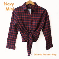 Jual kemeja flanel kotak model terbaru crop tali ikat modis murah navy mini Murah