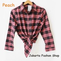 Jual kemeja flanel kotak model terbaru crop tali ikat modis murah peach Murah