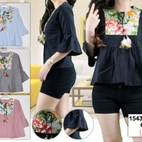 Jual blouse katun peplum lengan terompet kombinasi songket tali bulu ayam Murah