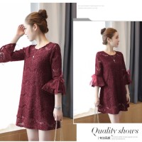 Jual Loose Dress - Pakaian Terusan Wanita Yang Longgar Red Lace Horn Sleeve Murah