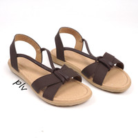 Jual Paling Laris Sepatu Sandal Flat Wanita Platform T-Strap PS11 Cokelat Murah