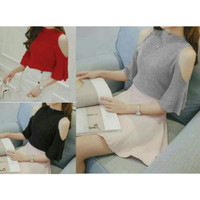 Jual Blouse cut out top rajut/blouse open shoulder rajut/atasan wanita/off Murah