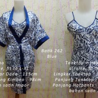 Jual Kimono Satin 3in1 Batik 262 Blue Baju Tidur Piyama Stelan Wanita Murah Murah