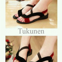 Jual Sepatu Wanita / Cewek Sandal Tali Xena Hitam Merah Murah