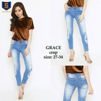 Jual 31-34 GRACE Crop Destroy ripped sobek blue biru jeans Stretch casual Murah