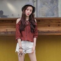 Jual b30183 baju merah putih berlengan cut out shoulder off boho bohemian Murah