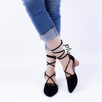 Jual Murah ! Pointed Toe Cut Out D'orsay Lace Up Suede Block Heels Murah