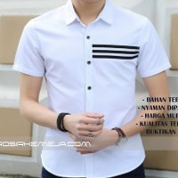 Jual PROMO Kemeja Pria Lengan Pendek Putih Garis Hitam Murah