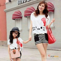 Jual setelan / dress couple ibu dan anak HK ribbon + celana strip Murah