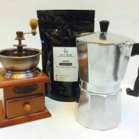 Jual Paket Coffee Grinder Wood, Mokapot 4cups & Kopi Lintong Ori 100gr. Murah