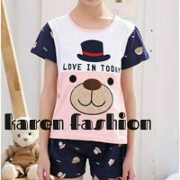 Jual piyama anak perempuan setelan pendek baju tidur import bear love in to Murah