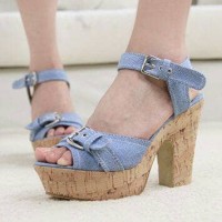 Sepatu Casual High Heels Lea Blue | Wedges Strap Jeans | Denim Shoes
