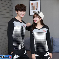 Baju Kaos Couple Desay Lengan Panjang Hitam Salur Keren Modis Murah