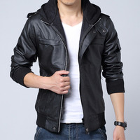 Jual JAKET KULIT SINTETIS KOREA HOODIE BLACK Murah
