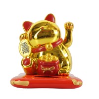 Jual Patung Kucing Lucky Cat Maneki Neko 7 Cm Solar Emas Gold Merah Murah