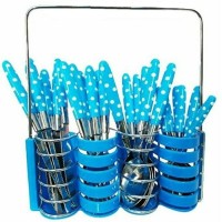 Jual Set Sendok Polkadot BIRU Garpu Pisau Alat Makan Cutlery Set 24pcs Murah