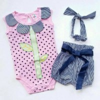 Jual setelan baju bayi cewek, jumper bunga + celana + bando / bandana Murah