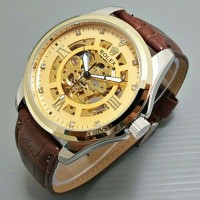 Jual JAM TANGAN ROLEX KULIT LEATHER ROMAWI SKELETON MURAH AUTOMATIC GOLD Murah