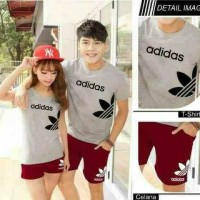 Couple Pasangan Setelan Baju Kaos Adidas Celana Abu Misty Grey Maroon