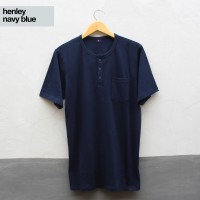 Baju Kaos Polos Tangan Pendek Saku Kancing / Henley Navy Biru dongker