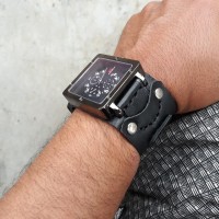 Jual Jam tangan analog tanggal cowok pria kotak hitam kulit handmade biker Murah