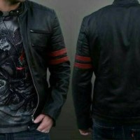 Jual Jaket kulit domba asli model hitam strip merah Murah