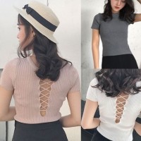 Jual Knit Low Back Lace Up Blouse Atasan Rajut pink Grey White Putih Abu Murah