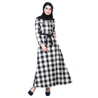 Baju Muslim Wanita - Gamis - Warna Hitam-Krem Motif Kotak