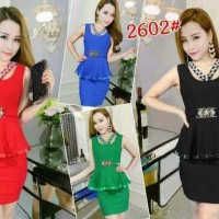 Jual 2602-4# dress bahan katun strech peplum permata + belt nempel Murah