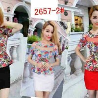 Jual 2657-4# dress bahan katun strech bunga peplum + belt nempel Murah