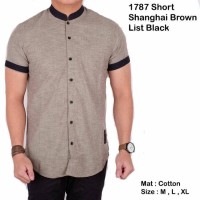 Jual Kemeja Pria Basic Shanghai Lengan Pendek Coklat List Hitam Murah
