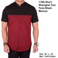 Jual Kemeja Pria Casual Shanghai Lengan Pendek Hitam Mix Merah Maroon Murah