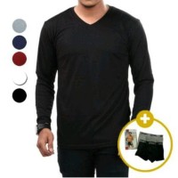 SALE 1+1 KAOS POLOS LENGAN PANJANG V-NECK + FREE BOXER PRIA