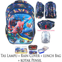 Jual Tas Ransel Sekolah SD Lampu + Rain Cover Spiderman 5D Black IMPORTLBKP Murah