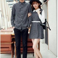 Baju dress couple pasangan kompak kembar kotak kotak lengan panjang
