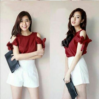 Jual Terlaris Blouse Marcella maroon blouse wanita wolly crepe maroon Murah