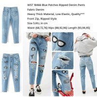 Jual 18466 Blue Patches Ripped Denim Pants Murah