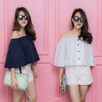 Jual PROMO sabrina button blouse wanita twiscont putih dan navy Murah