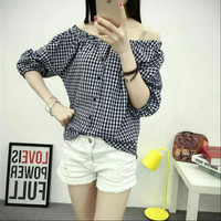 Jual BEST SELLER sabrina kotak Lina blouse wanita katun hitam Murah